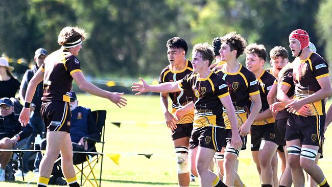 Padua College players celebrate AIC First XV rugby grand final between St Laurence's College and Padua College. Saturday June 8, 2024. Picture, John Gass