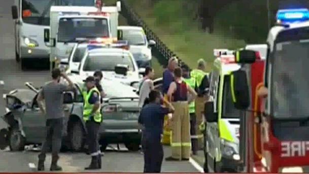 Emergency services on the scene of the crash in Yallourn North. Picture: 9 News