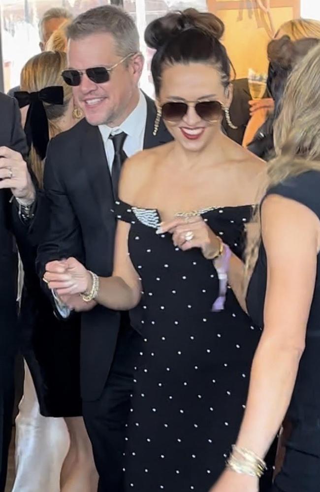 Luciana Damon, pictured alongside Hollywood husband Matt Damon, stayed true to the Derby Day tradition of wearing an Australian designer. Picture: news.com.au/Rebekah Scanlan