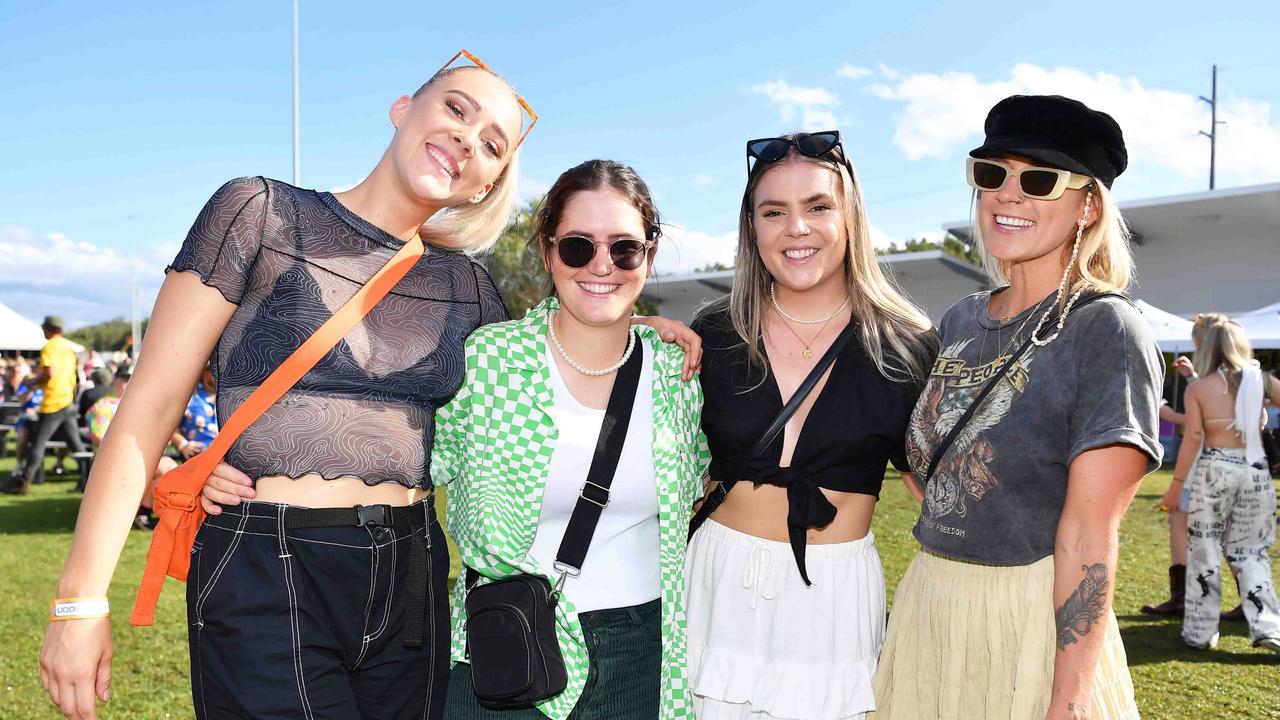 Tia Basford, Karz Haywood, Georgia Goodchild and Tara Willersdorf at Groovin the Moo, Sunshine Coast 2023. Picture: Patrick Woods.