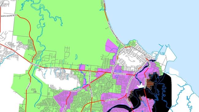 Modelling showing areas which could flood in Townsville if the Ross River dam overflowed or failed. The Green Zone depicts areas with flood emergency issues for a collapse of the dam embankment followed by a massive outflow from the dam. Photo Emergency Action Plan—Ross River Dam