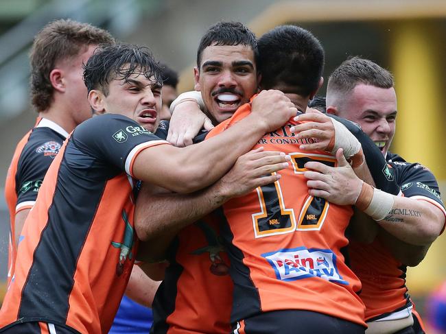 SG Ball football Wests Tigers versus Newcastle  Knights at Balmain today with Balmain winning 26-22. Tigers celebrate a try by number 17, Sione Vaihu. Picture: David Swift