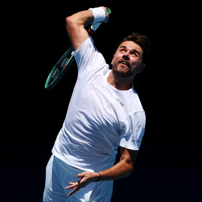 Stan Wawrinka practices on Rod Laver Arena ahead of the Australian Open. Picture: Mark Stewart