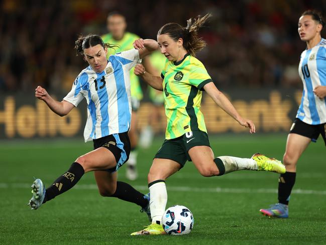 Clare Wheeler and Argentina’s Sophia Braun compete for possession. Picture: Getty Images