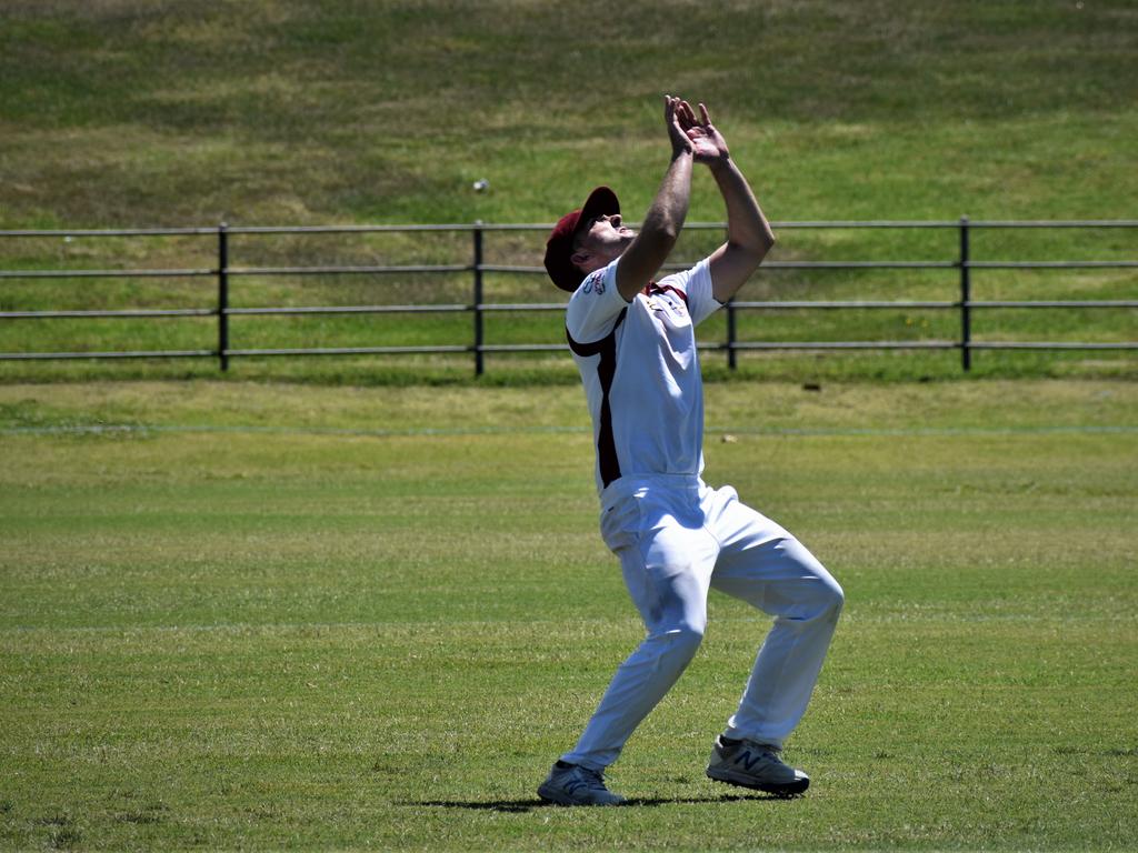 Clarence River captain Jake Kroehnert misjudges a Troy Turner sky ball at mid on in the North Coast Cricket Council North Coast Premier League One-Day clash between Clarence River and Harwood at McKittrick Park on Sunday, 15th November, 2020. Photo Bill North / The Daily Examiner