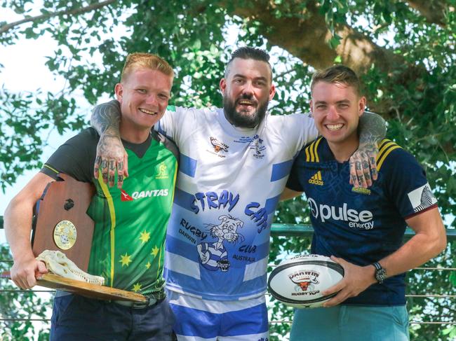 David Yoder, Josh Webb and Larkin Hawkins ahead of a US Marines V Locals Rugby Union Game.Picture: Glenn Campbell