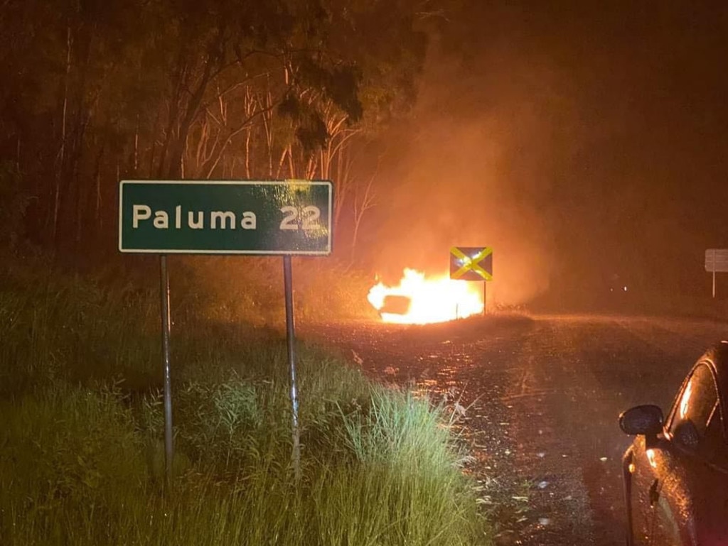 The car on fire at Barrett Rd, Mutarnee, on Tuesday night.