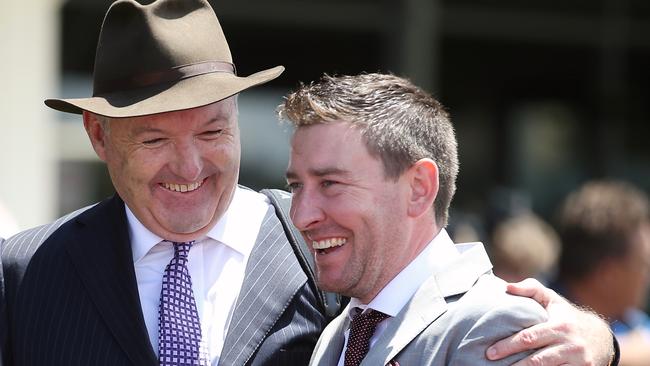 Todd Balfour, right, with fellow trainer David Hayes at Sandown in 2016. Picture: Wayne Ludbey