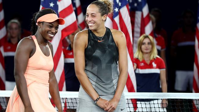 Keys, right, with Sloane Stephens after the US Open final in 2017