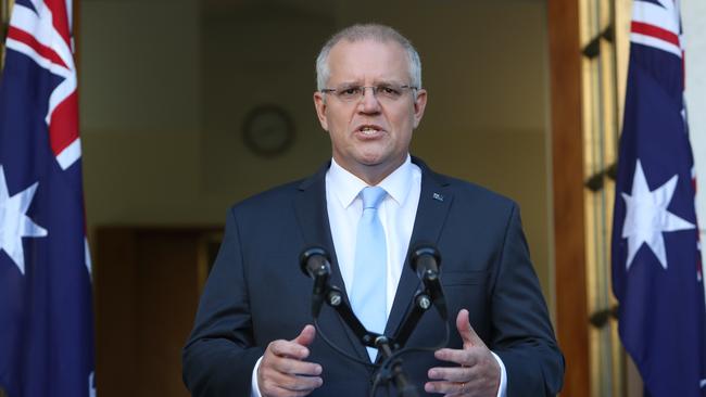 Prime Minister Scott Morrison during his press conference at Parliament House in Canberra this morning. Picture: Kym Smith