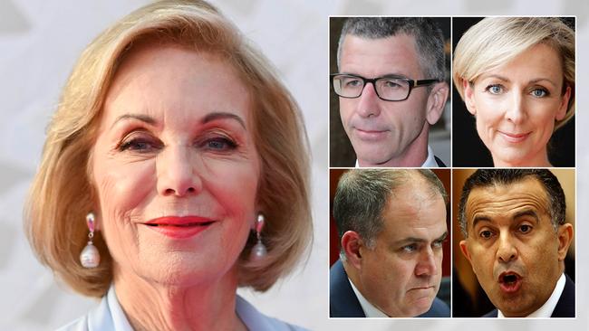 ABC chairman Ita Buttrose with managing director candidates (clockwise from top left) Darren Goodsir, Kate Torney, David Anderson and Michael Ebeid. Torney has ruled herself out of the running. Pictures: File