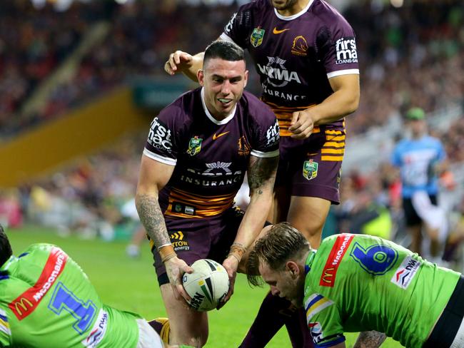 Darius Boyd of Brisbane celebrates scoring a try with Jordan Kahu during the NRL match between the Brisbane Broncos and the Canberra Raiders. Pic Darren England.