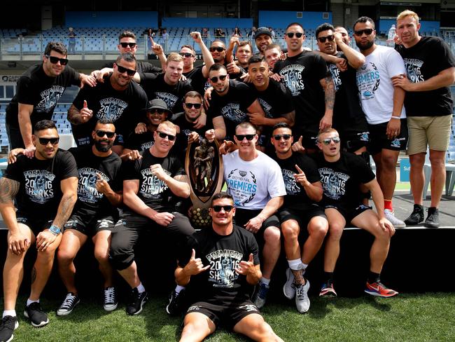 The Sharks show off the NRL trophy during the Cronulla Sharks fan day at Shark Park. Picture : Gregg Porteous