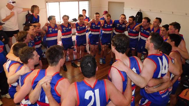 Pyramid Hill sing the team song last week after their preliminary final win. Picture: Jan Hickmott