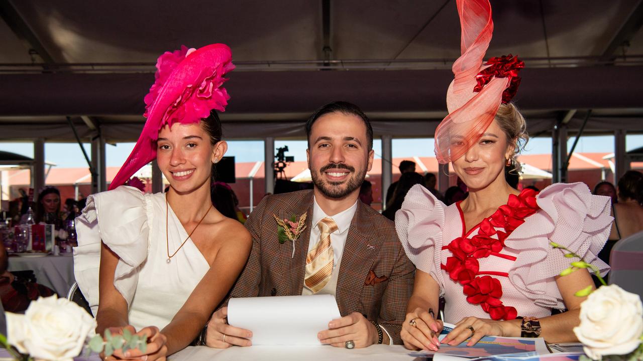 Tannwyn Lewis, Alex Maestracci and Tatiana Hoffman at the 2024 Darwin Cup Carnival Ladies Day. Picture: Pema Tamang Pakhrin