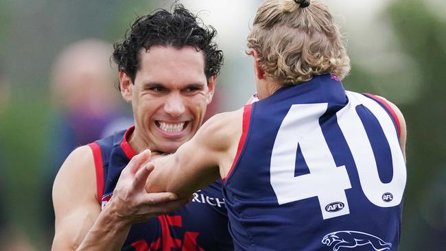 Harley Bennell has a playful push and shove with Corey Wagner at training. Picture: AAP