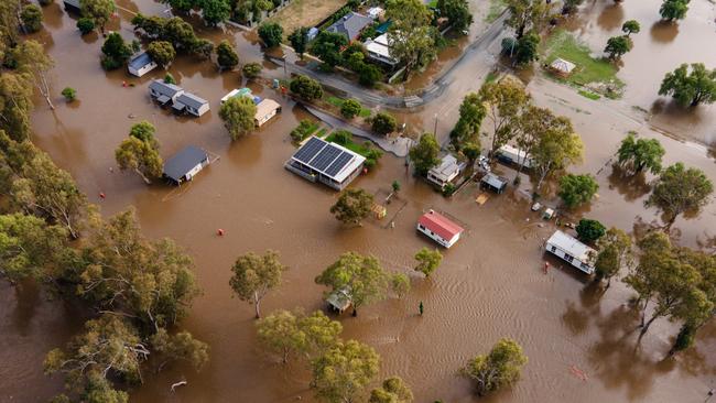 ROCHESTER, AUSTRALIA - JANUARY 9: A drone view shows the floodwater impact that affected the Rochester township on January 9, 2024 in Rochester, Australia. Severe weather warnings were in place for vast swathes of central Victoria after heavy rainfall overnight. Residents of Rochester and other nearby towns were warned to evacuate ahead of the expected arrival of flood waters on Tuesday. (Photo by Diego Fedele/Getty Images)