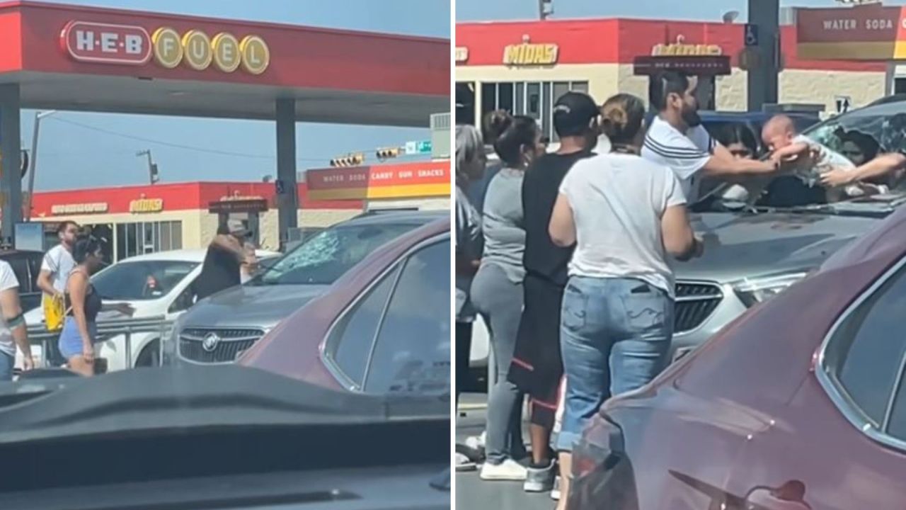 The video shows a man breaking through the windscreen of the car before a woman passes another man the baby. Picture: TikTok/lindahdz91