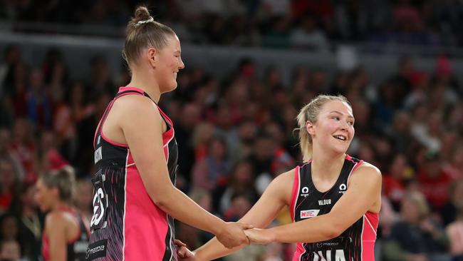 Adelaide Thunderbirds shooter Lucy Austin (right) was named Rookie of the Year for her first season. Picture: Getty Images