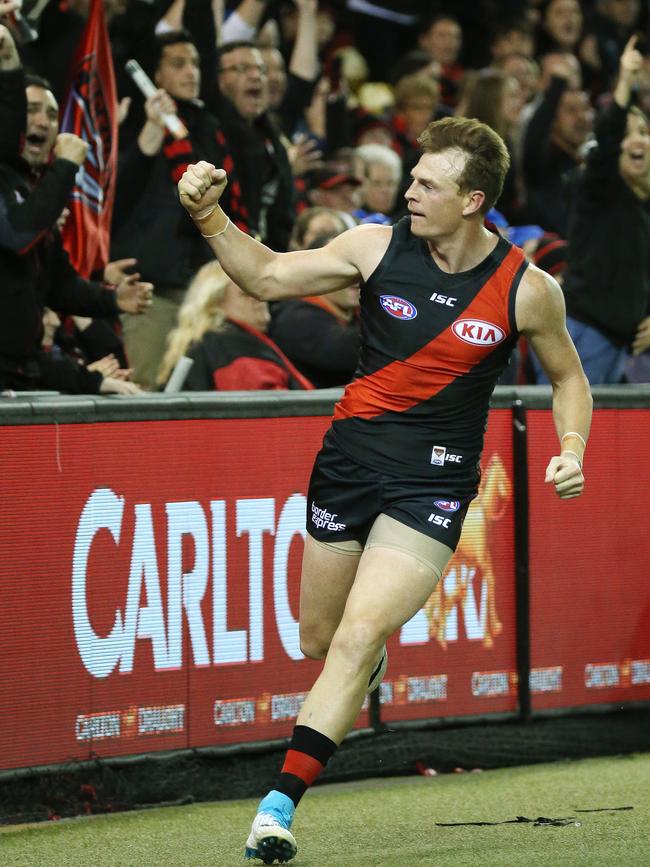 Essendon's Brendon Goddard celebrates his goal against Port Adelaide in 2017. Picture: George Salpigtidis