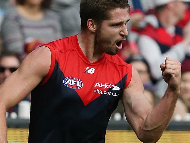 AFL: Round 9 Melbourne v Brisbane Jesse Hogan kicks a goal Picture:Wayne Ludbey