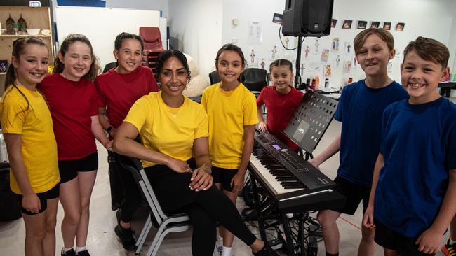 St George-Sutherland performers Leila Gruggen, Chloe Delle-Vedove, Matilda Teiotu, Paulini Curuenvauli, Jaime Rose Griffiths, Aleia Tiliacos, Reggie Davy, Finn Walsham rehearse Joseph and the Amazing Technicolour Dreamcoat. Picture: Lara Jane Photography