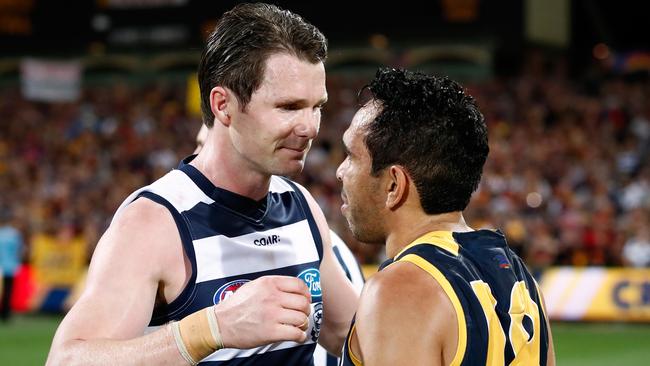 Patrick Dangerfield with Eddie Betts after Friday night’s preliminary final at Adelaide Oval. Picture: Adam Trafford (Getty).