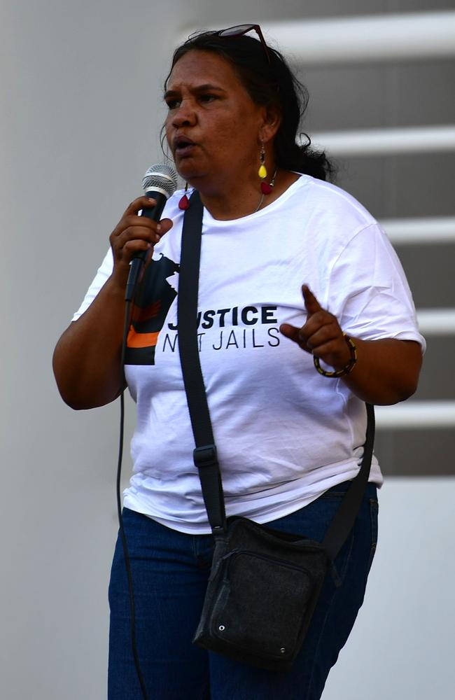 National Suicide Prevention and Trauma Recovery Project director Megan Krakouer spoke outside the NT Parliament on Wednesday during a vigil for Kumanjayi White, a 24-year-old Yuendumu man with a disability who died after being restrained by police in the Alice Springs Coles. Picture: Zizi Averill
