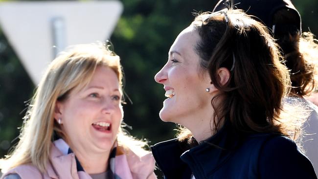 LAST LAUGH: Everyone (bar political spin doctors) loves an unflattering photo of politicians, so here’s two for the price of one … Centre Alliance MP Rebekha Sharkie comes face to face with Liberal challenger Georgina Downer (right) at a polling booth in Mt Barker last year. Picture: Tracey Nearmy/The Australian