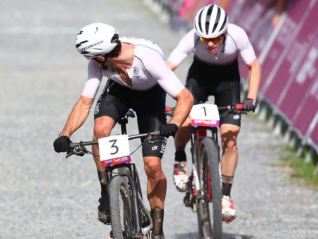 GOLD COAST, AUSTRALIA - APRIL 12:  Samuel Gaze (L) and Anton Cooper of New Zealand race to the finish line during the Men's Cross-country on day eight of the Gold Coast 2018 Commonwealth Games at Nerang Mountain Bike Trails on April 12, 2018 on the Gold Coast, Australia.  (Photo by Michael Dodge/Getty Images)