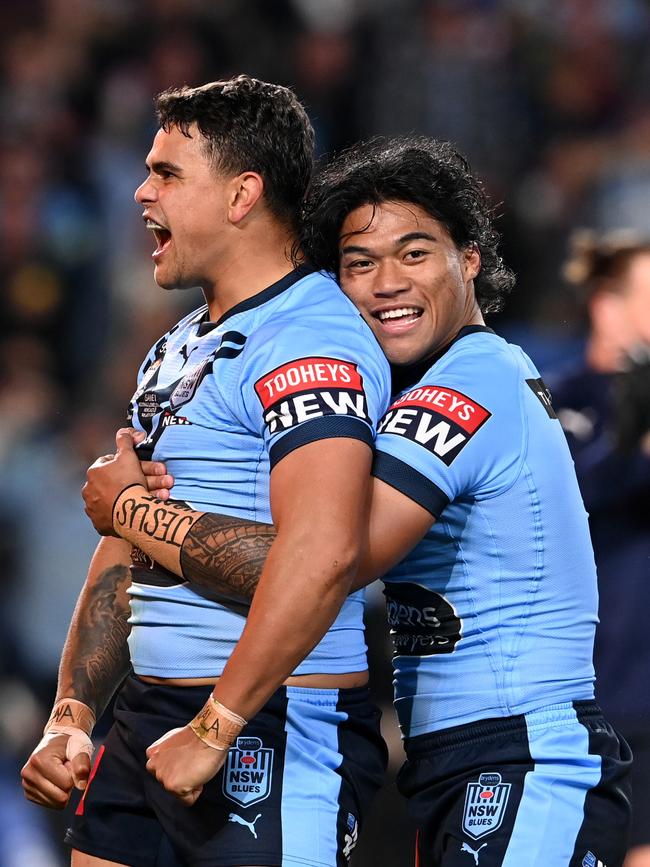 Latrell Mitchell celebrates with Brian To'o. Picture: Getty Images