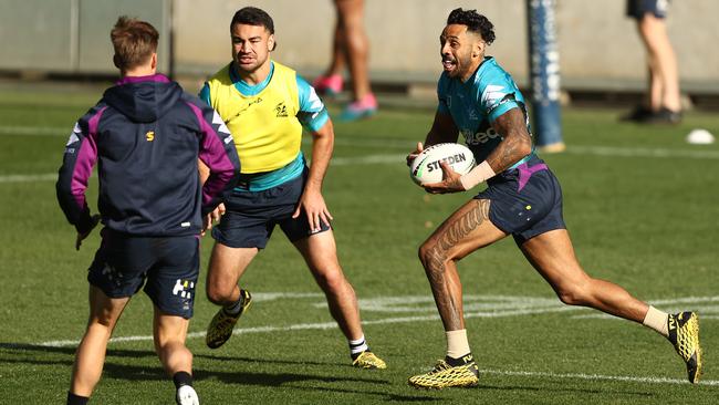 Melbourne’s Josh Addo-Carr of the Storm runs with the ball during a Storm training session at AAMI Park on Thursday. Picture: Getty Images