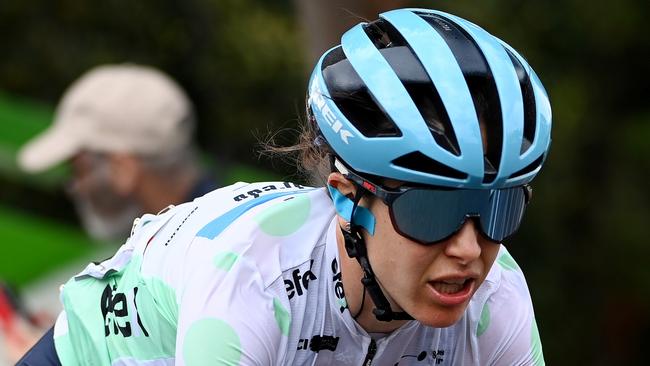 CAMPBELLTOWN, AUSTRALIA - JANUARY 17: Amanda Spratt of Australia and Trek - Segafredo - Queen of the Mountain Jersey  crosses the finish line on second place during the 7th Santos Women's Tour Down Under 2023 - Stage 3 a 93,2km stage from Torrens Foot Bridge, Adelaide to Montacute Road, Campbelltown / #TourDownUnder / #UCIWWT / on January 17, 2023 in Campbelltown, Australia. (Photo by Tim de Waele/Getty Images)