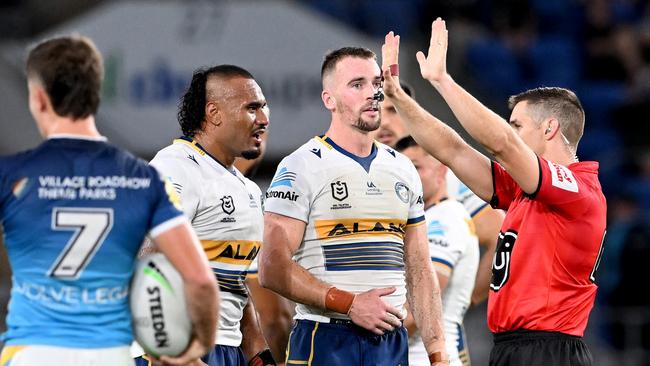 Junior Paulo was sin-binned for a shot on AJ Brimson. Picture: Bradley Kanaris/Getty Images