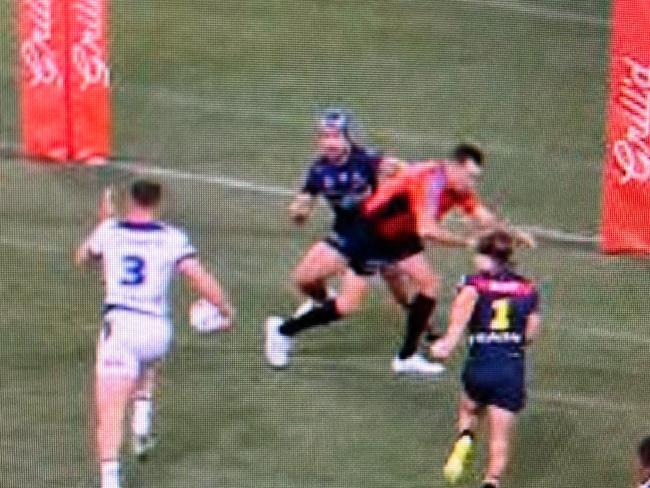 Jahrome Hughes copped a one-game ban for this contact with referee Chris Butler. Picture: Fox League