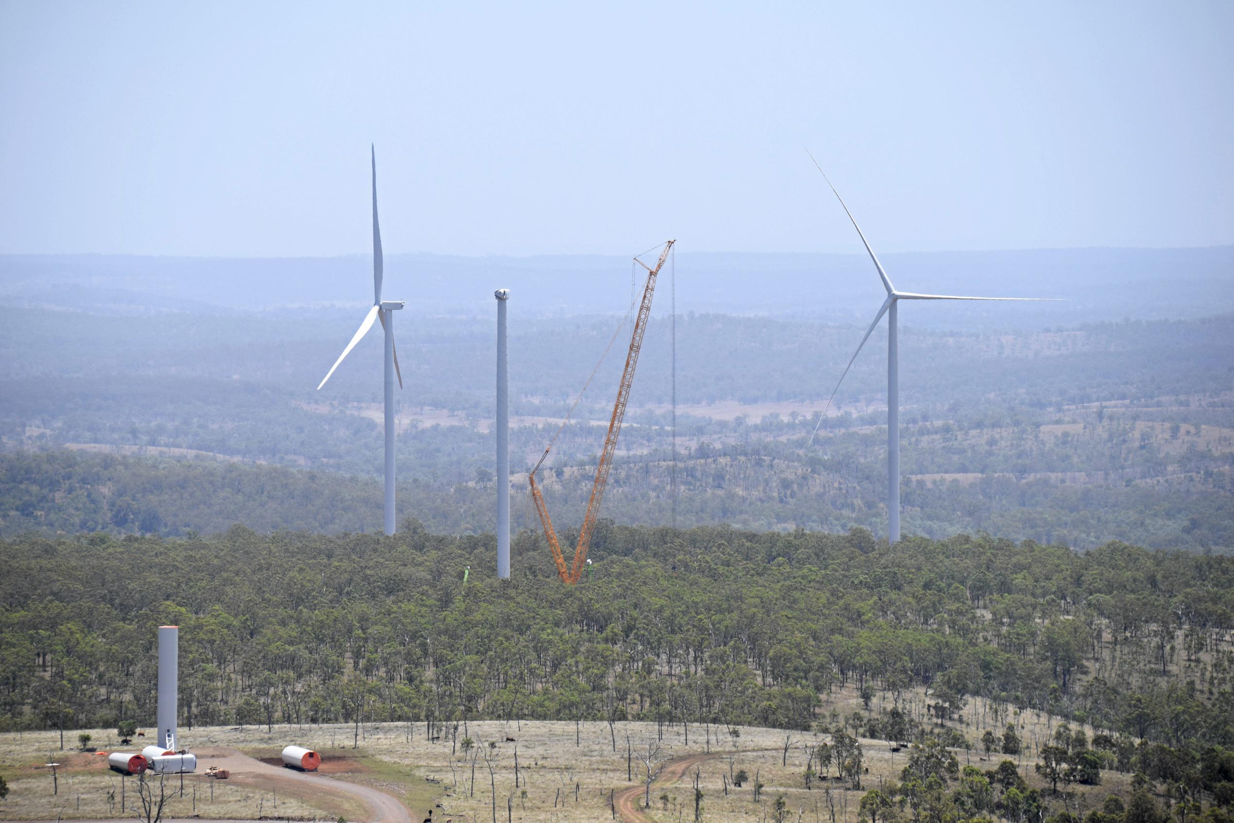 The first two wind turbines are erected at Coopers Gap, with the third one only days away. Picture: Matt Collins