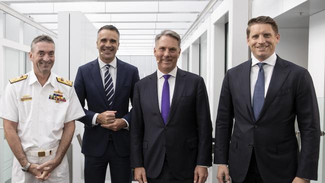 L-R: Vice-Admiral Jonathan Mead, Premier Peter Malinauskas, Defence Minister Richard Marles and Opposition defence spokesman Andrew Hastie at The Advertiser’s Defending Australia forum on Wednesday. Picture: Brett Hartwig