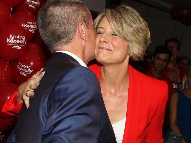 Labor candidate Kristina Keneally embraces Leader of the Opposition Bill Shorten after conceding defeat against John Alexander for the seat of Bennelong in December. Picture: AAP/Ben Rushton