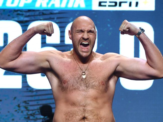 LAS VEGAS, NEVADA - JUNE 14:  Boxer Tyson Fury poses during a ceremonial weigh-in at MGM Grand Garden Arena on June 14, 2019 in Las Vegas, Nevada. Fury will meet Tom Schwarz in a heavyweight bout on June 15 at MGM Grand Garden Arena in Las Vegas.  (Photo by Ethan Miller/Getty Images) ***BESTPIX***