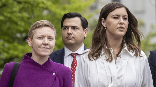 ACT Victims of Crime Commisssioner Heidi Yates walks with Brittany Higgins during Bruce Lehrmann’s rape trial last October. Picture: NCA NewsWire / Gary Ramage