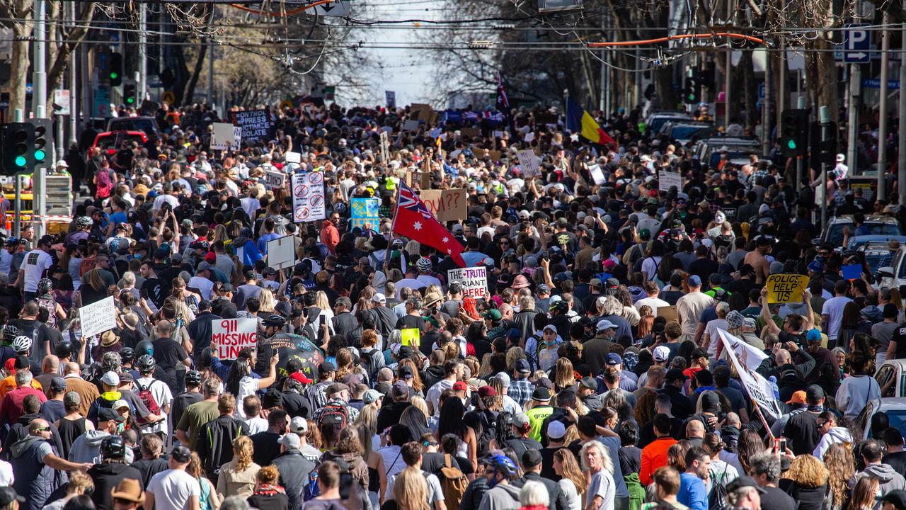 Thousands of Freedom Rally protestors walking down Bourke Street. Picture: NCA NewsWire/Sarah Matray