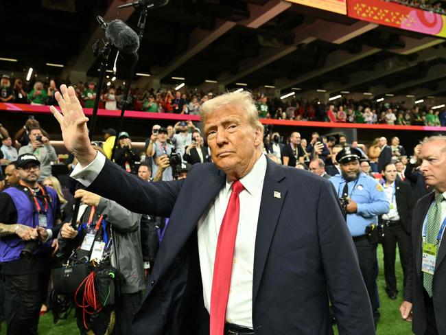 US President Donald Trump visits the field before the start of Super Bowl LIX. Picture: AFP