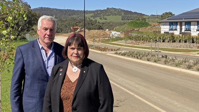 Mount Barker District Council Mayor Ann Ferguson and council chief executive Andrew Stuart on a segment of the Heysen Blvd that currently goes nowhere. Picture: Andrew Rammel