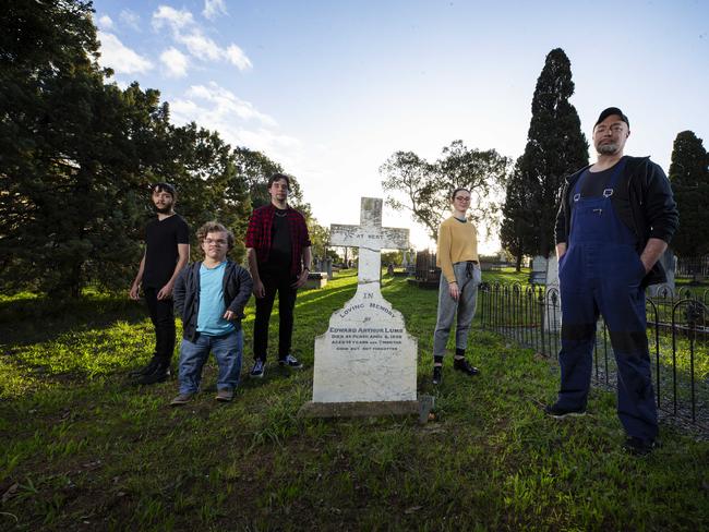 James Berlyn (hoodie blue/black pants & cap) from the WA Youth Theatre CompanyÃ¢â‚¬â¢s production of REST at the East Perth Cemeteries. Pictured behind are Gabriel Critti-Schnaars (all black), Jono Battista (blue shirt), Georgia Ivers (yellow jumper) & Sebastian Critti-Schnaars (red flannel)Picture Ross Swanborough. 240620