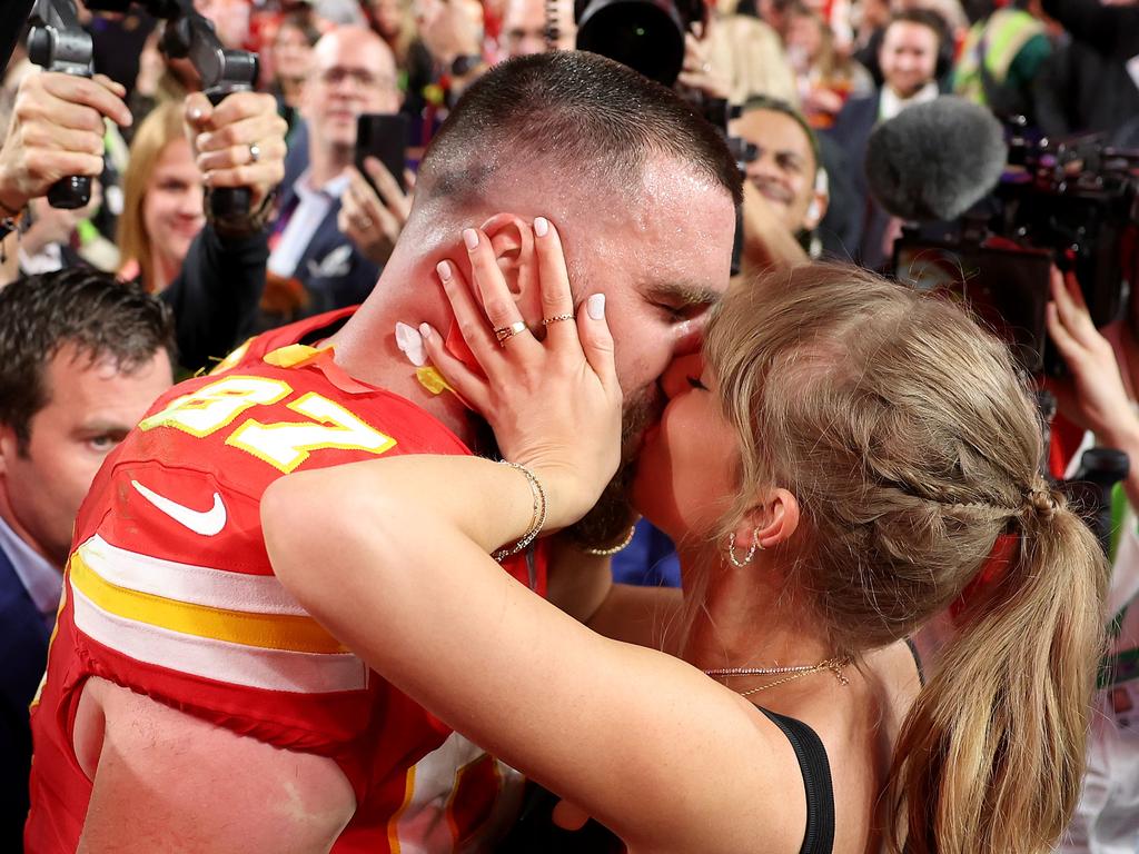 The couple sealed the Kansas City Chiefs’ Super Bowl win with a public display of affection. Picture: Getty Images