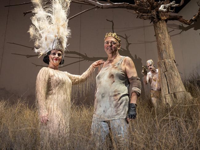 Adelaide Festival 2022. The Golden Cockerel opera singers  Venera Gimadieva (Russian soprano) and Pavlo Hunka (British-Ukranian bass-baritone), with Australian actor Matt Whittet in the background as the cockerel.Picture: Andrew Beveridge ,