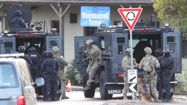 Police surround the Westmeadows tavern on March 2, 2020. Picture: David Crosling