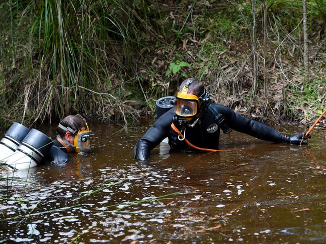 NSW Police divers search a dam for missing boy William Tyrrell on day three of the manhunt. Picture: Dan Himbrechts.