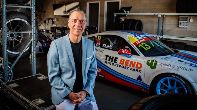 Dr Sam Shahin in his garage at the Bend Motor Sport Park in Tailem Bend. Picture: Matt Turner.