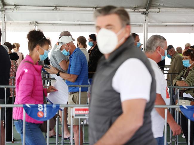 Members of the public lining up for a Covid-19 vaccination at the Golden Beach Vaccination Centre at Caloundra on Tuesday. Picture: Lachie Millard